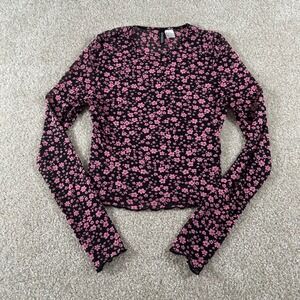 Grunge y2k Coquette H&M Divided Pink Floral Mesh Long Sleeve Top Black Sheer